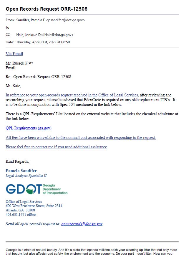 Georgia Department of Transportation Open Records Request - Author's Email Has Been Removed (Source: email communication with Georgia Department of Transportation)